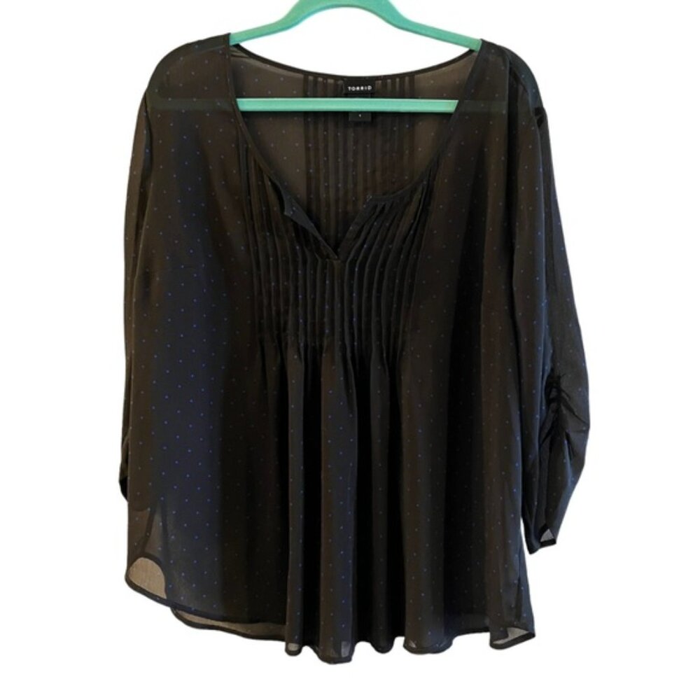 Torrid Black Blue Babydoll Flowy Sheer Bohemian Long Sleeve Top